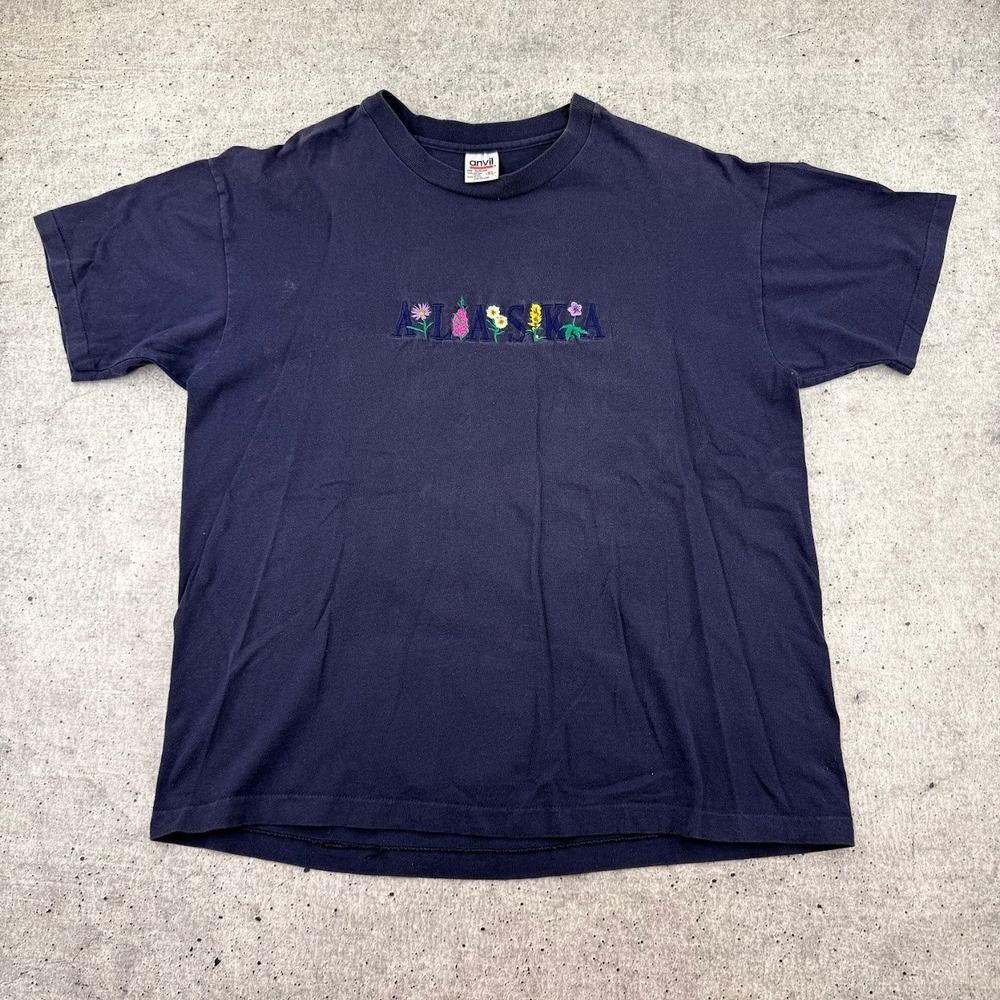 Vintage Made in USA Single Stitch Anvil Navy Alaska Floral Embroidered Tee  XL
